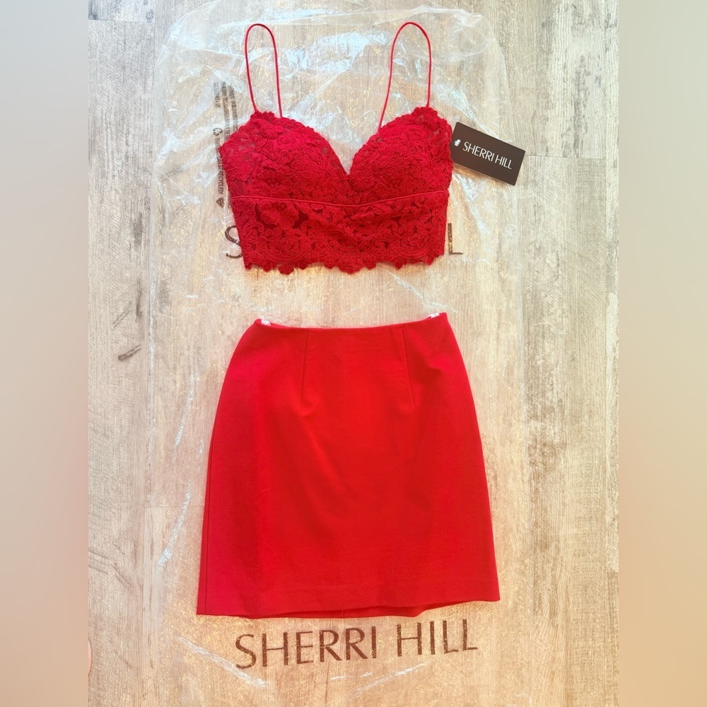 Sherri Hill Vibrant Red Lace Two Piece Ensemble - Dress -Gown NWT